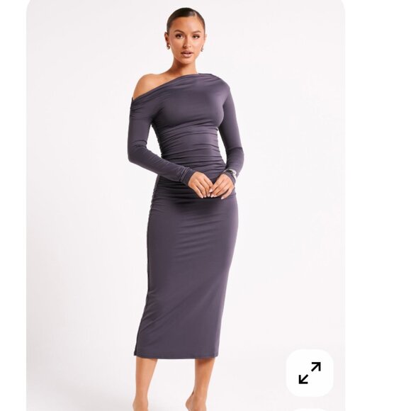Meshki Christabel Recycled Nylon Ruched Midi Dress - Charcoal - Picture 1 of 5